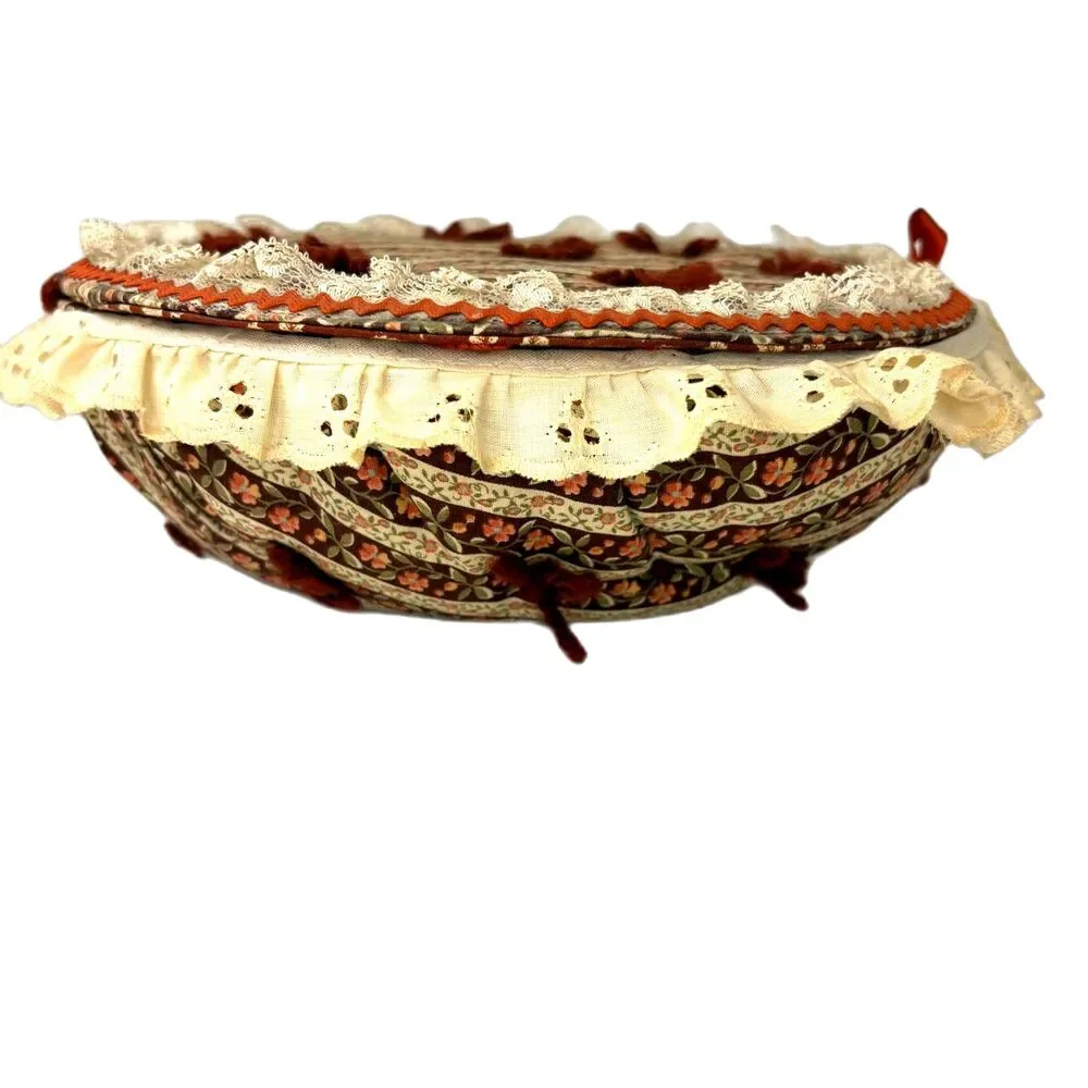 Calico Floral Quilted Sewing Box w/Eyelet Lace Mid-Century Craft Basket Vintage